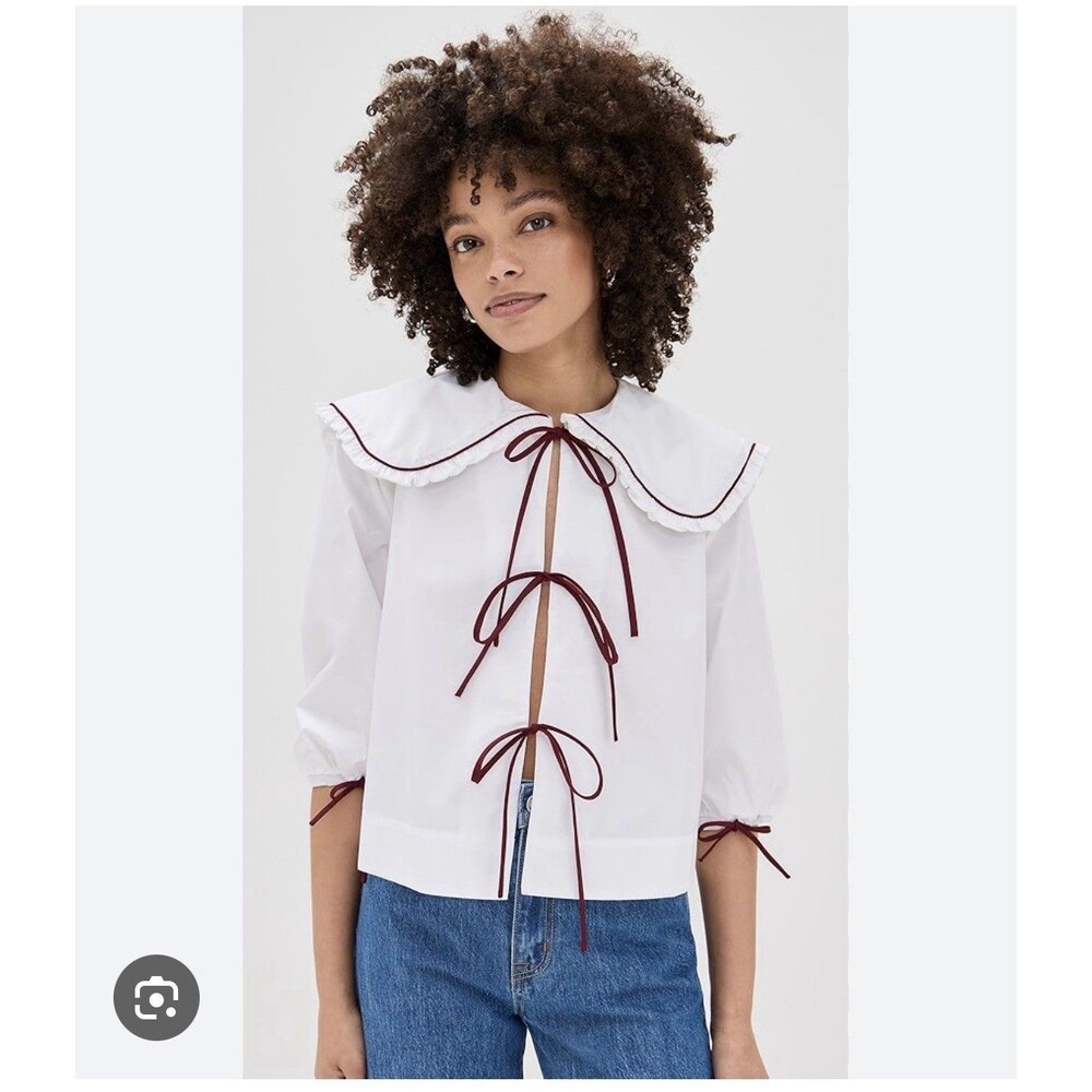Women’s Alohas Airi White Tie Front Blouse Red Piping 3/4 Sleeve Size XS - Picture 4 of 9